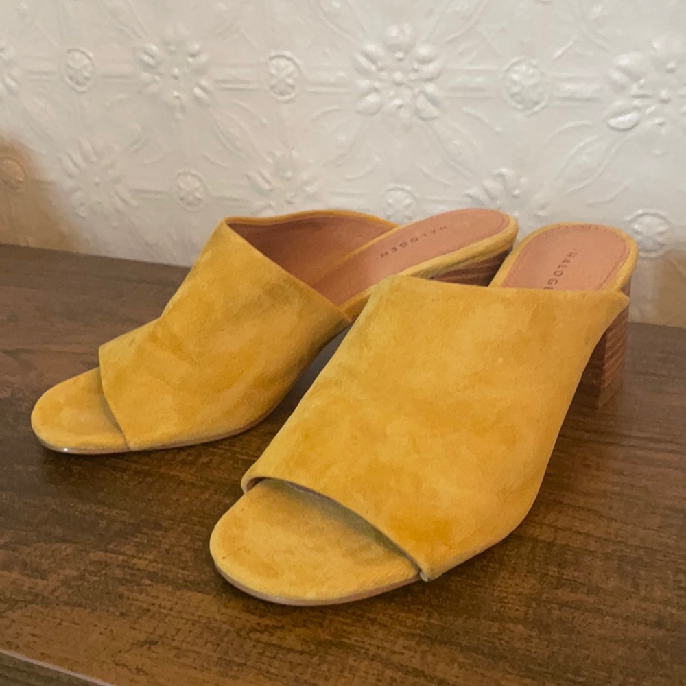 Wmns Halogen yellow suede heeled mule sz 6.5